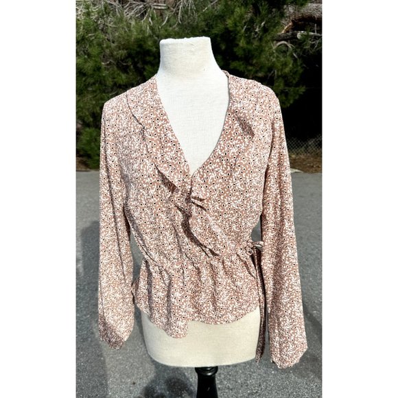Vixbe Tops - Vixbe Blouse Medium Brown Wrap Ruffled V Neck Long Sleeve Shapes Boho Womens